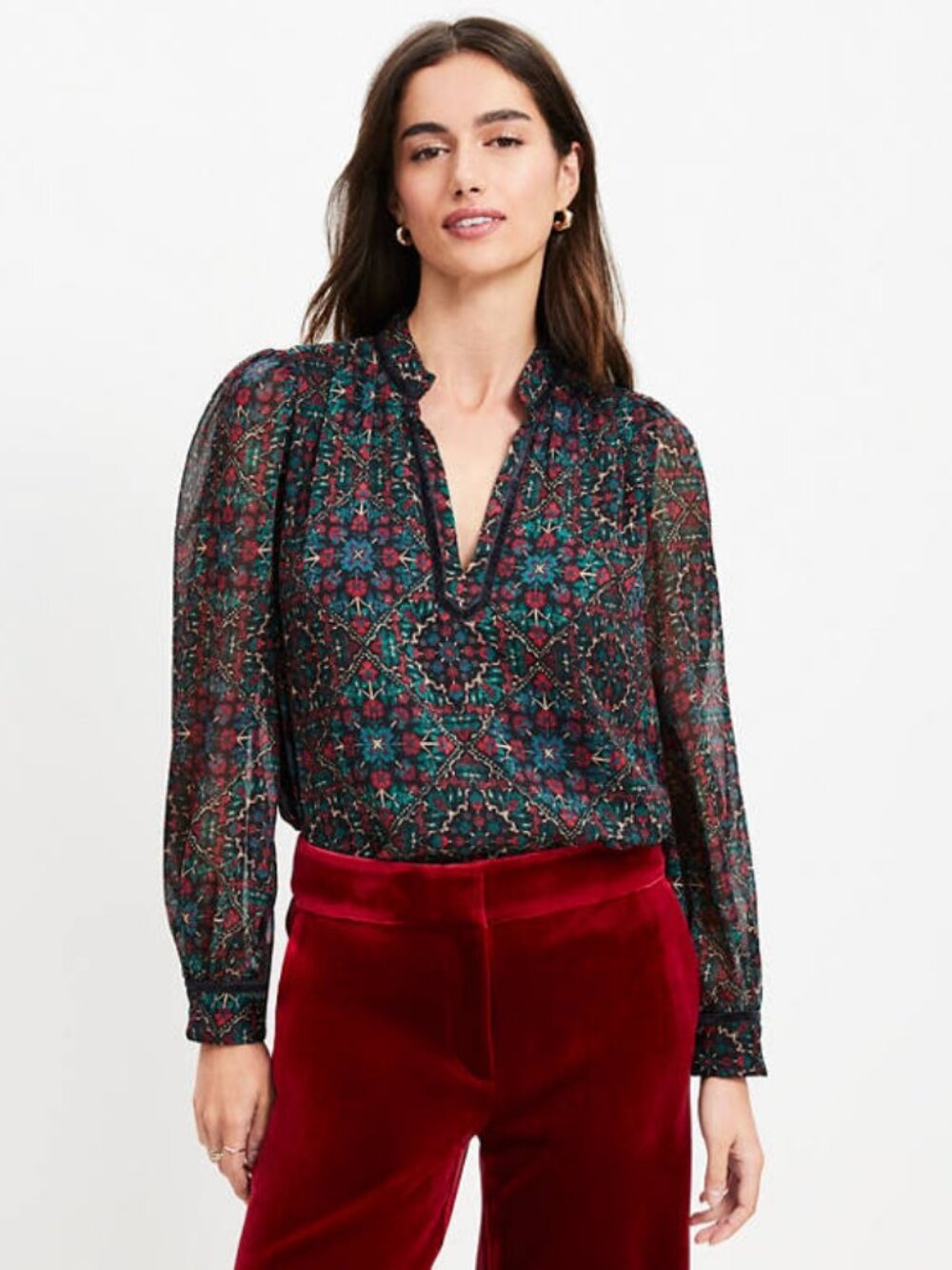 NWT LOFT Velvet Trim Ornamental Floral Split Neck Blouse XL